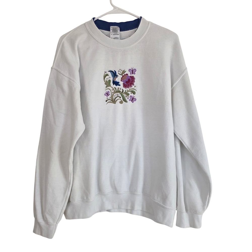 White Crewneck Sweatshirt Bird Butterfly Floral Embroidered‎ Graphic Pullover M